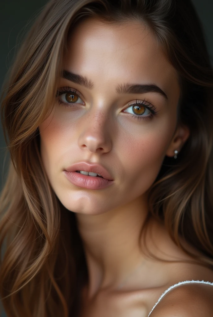 Young woman 2 Portuguese, yeux marrons clairs, long cils, pouty lips, fine nose, long straight light brown hair