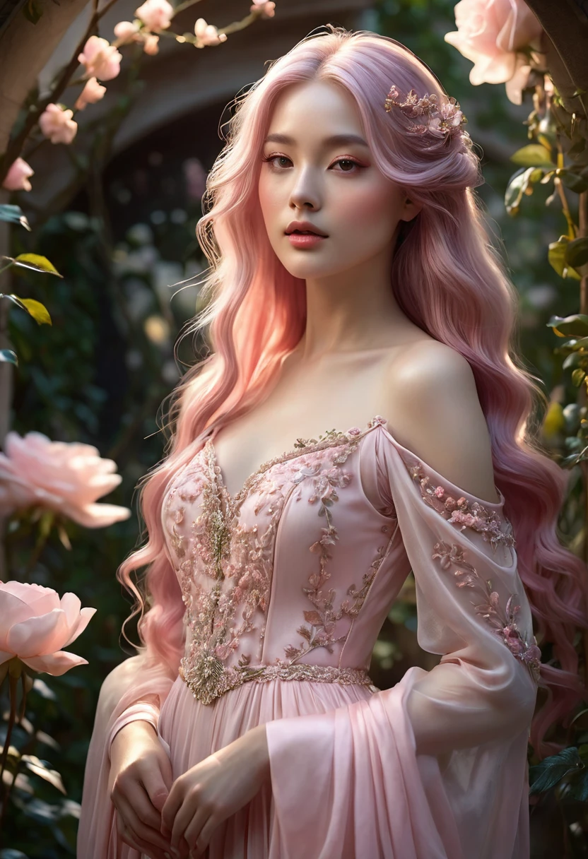 A woman, elegant and enchanting, she is a vision of grace and serenity, she has delicate elf-like features, long flowing hair in soft pink hues, reminiscent of blooming petals, (((a woman with long pink hair 1.75)))(((extremely beautiful))), with flawless porcelain skin, standing in a tranquil garden at twilight, bathed in the gentle glow of the setting sun, soft and romantic palette, a flowing, blush-colored gown that hugs her figure and flows like a river of silk, rose-tinted eyes that shimmer with kindness and depth, 8K, ethereal and poised, extremely detailed, (high quality, realistic, photorealistic: 1.37), ideal proportions and radiant, smooth skin, meticulously crafted features, unapproachable beauty, perfection, artistic art, vivid realism, hyper-detailed sculpting, realistic shapes, truly inspiring, impeccable craftsmanship, pure brilliance, ethereal beauty, delicate contours, striking poses, sublime beauty, subtle nuances, dynamic compositions, gentle shadows, perfect lighting, serene expressions, heavenly aura, majestic presence, dreamlike atmosphere, unmatched detailed high octane rendering trending on artstation, 8k art photography, photorealistic concept art, cinematic volumetric soft natural light, chiaroscuro, award-winning photography, fine art, oil on canvas, beautiful, detailed, intricate, serene