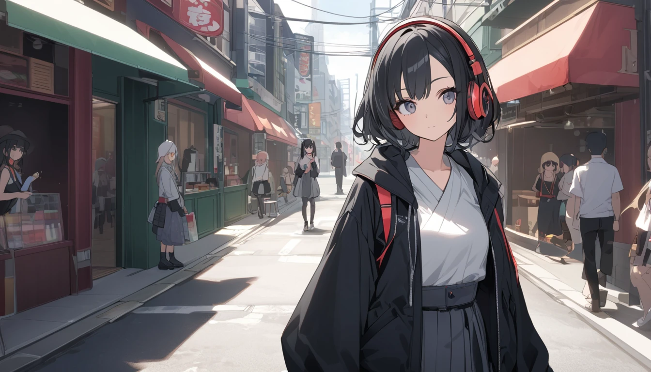 東京のStreetscape、A woman with black hair and cute clothes looking at me,Streetscape、Listening to music with headphones、Japanese