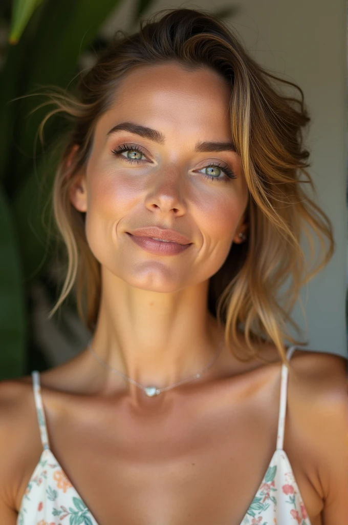 generate a woman in her forties with neat makeup in a modern summer dress