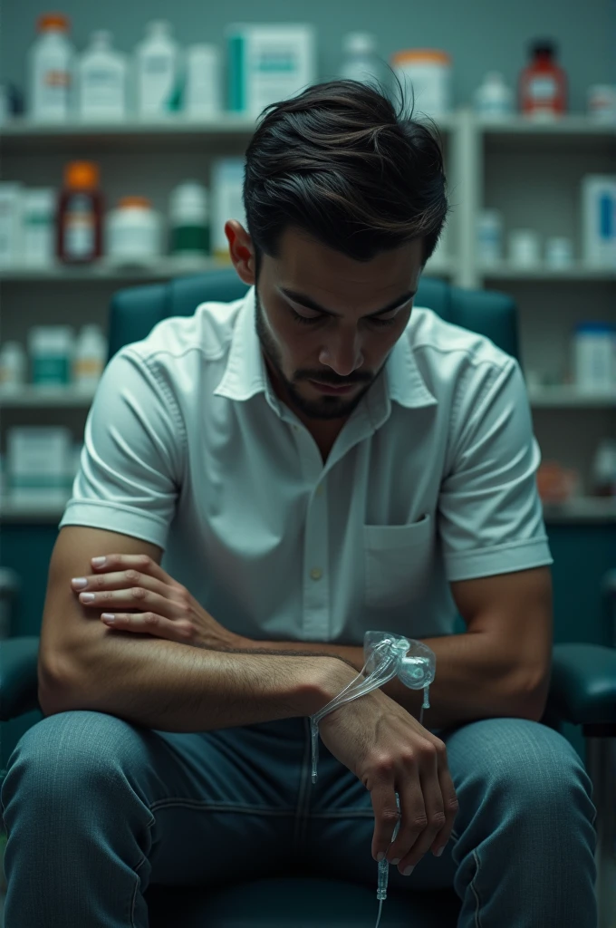 Man with IV in his arm in a pharmacy sitting without showing his face 
