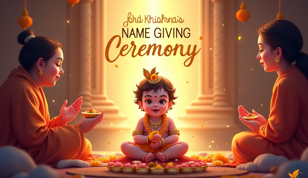"Design a vibrant and spiritual thumbnail for 'Lord Krishna's Name Giving Ceremony.' Depict a joyful, divine scene with baby Krishna in the center, surrounded by glowing light and adorned with flowers. Include a traditional setting with a priest and parents, with text that reads 'Lord Krishna's Name Giving Ceremony' in elegant, golden font."