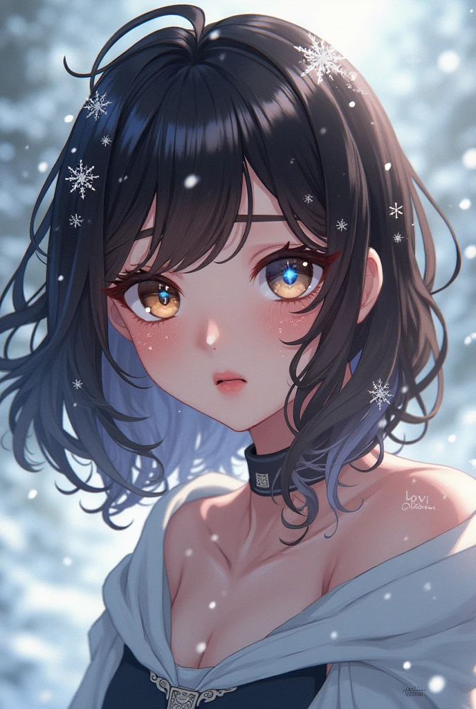 Anime Pele :Brunette Hair : dark brown color straight and curly at the ends and white at the ends Her hair full of small snowflakes Dark brown and light blue eyes and left eye light blue and brown at the and normal pupil Her pupil a snowflake Freckles all over her face Her pretty and sweet appearance Her eyelashes like a snow full of flakes Height:1,69 Name: emily
Idade : 1 Smell:vanilla ice earrings scar : in hand , on the arm and back and groin and also in the mouth Behavior : neutral and serious Samurai