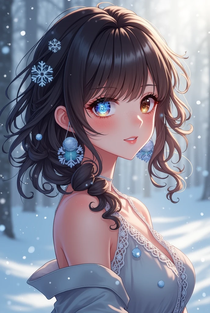 Anime Pele :Brunette Hair :  dark brown color straight and curly at the ends and white at the ends Her hair full of small snowflakes Dark brown and light blue eyes and left eye light blue and brown at the and normal pupil Her pupil a snowflake Freckles all over her face Her pretty and sweet appearance Her eyelashes like a snow full of flakes Height:1,69 Name: emily
Idade : 1 Smell:vanilla ice earrings scar : in hand , on the arm and back and groin and also in the mouth Behavior : neutral and serious Samurai 