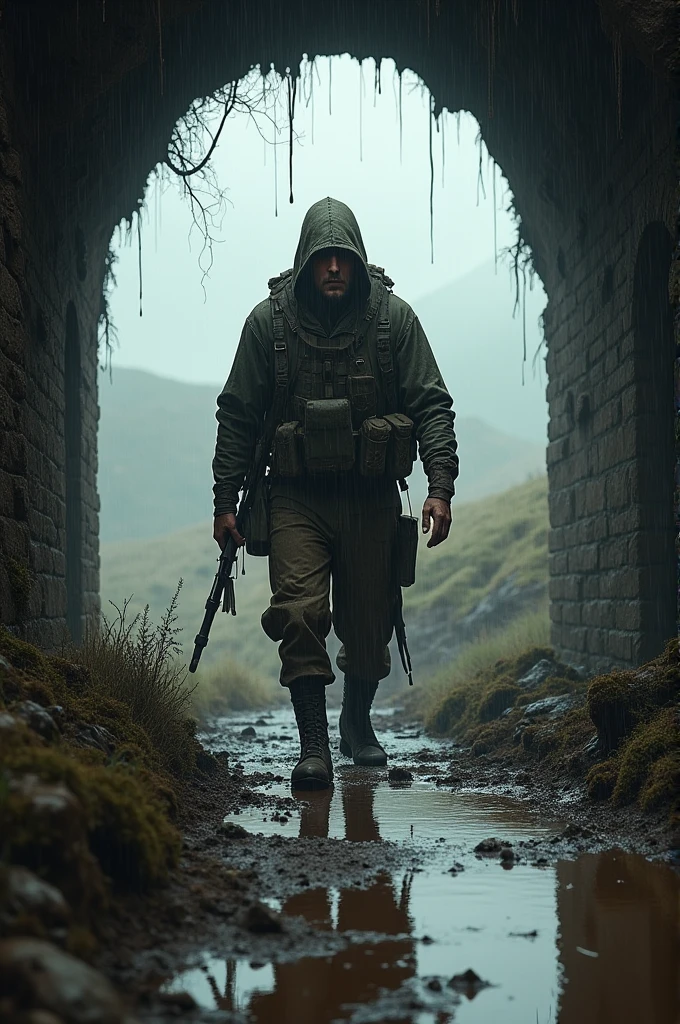 A soldier coming out of a tunnel in the mud in the rain