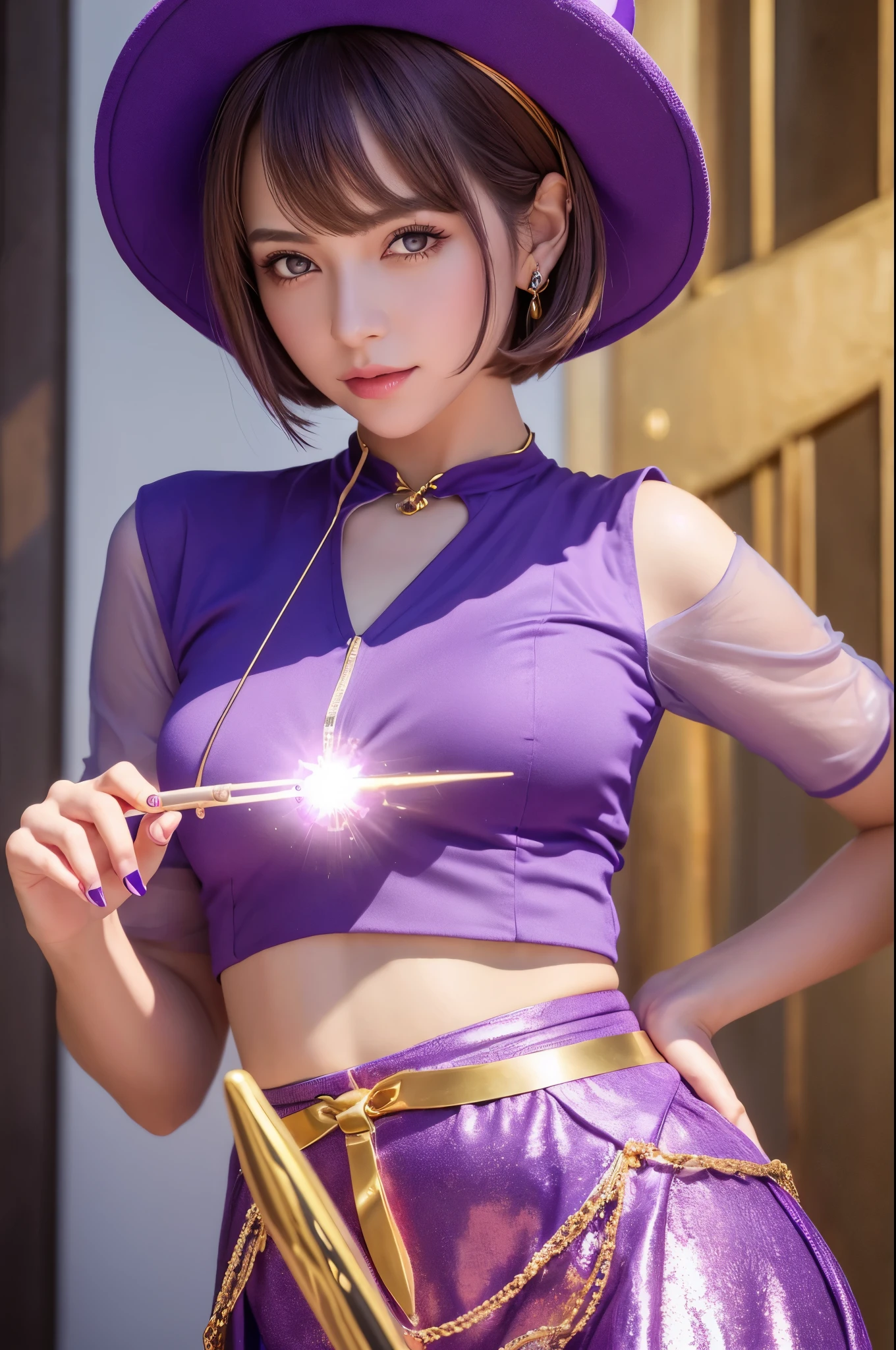 8k,Tag Girl,Goddess in purple outfit and hat holding magic wand, Very beautiful eyes,Golden Eyes,Light Purple Short Bob Hair,purple and gold skirt,small breasted goddess,Very detailed artgerm, ig model | ArtJam, Style ArtJam, Art James' Style, Fan Art Best Art Station, ! Dream ArtJam, ArtJam・ラウ, Concept Art ,Kschaert Krentz Key Art Feminine,Ultra-high resolution,Ultra-Realistic Skin,cute,Highest quality photorealistic RAW photos。Backlight、Cinema Lighting、Film Grain、50mm lens、Nikon D850、Ultra-Realistic Skin、Fantasy art、Character Art、Ultra-high resolution、muscular and slim body、Ultra-Realistic Skin,Perfect hands(Anatomical modeling),