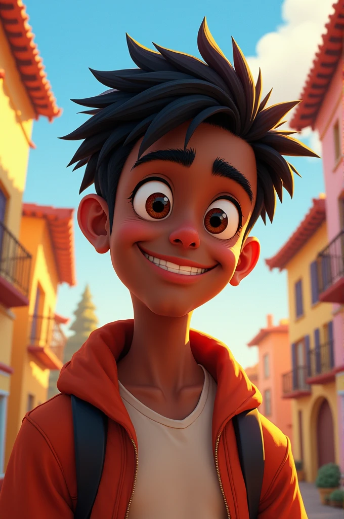 Disney pixar cartoon,jung, age 25, Bblack hair, dark-skinned, Scrawny, Cao Cao, sign near the right eye, beautiful smile