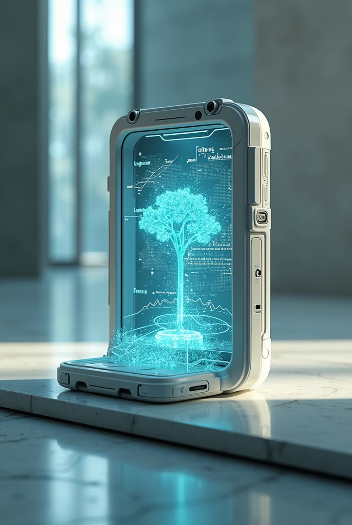 The phone is made from recycled materials with modular components. Longer battery life The screen can project 3D holographic images into the air. 3D Scanning and Printing: Built-in 3D scanning allows users to capture objects and print them using a connected 3D printer. Real-time health notifications.