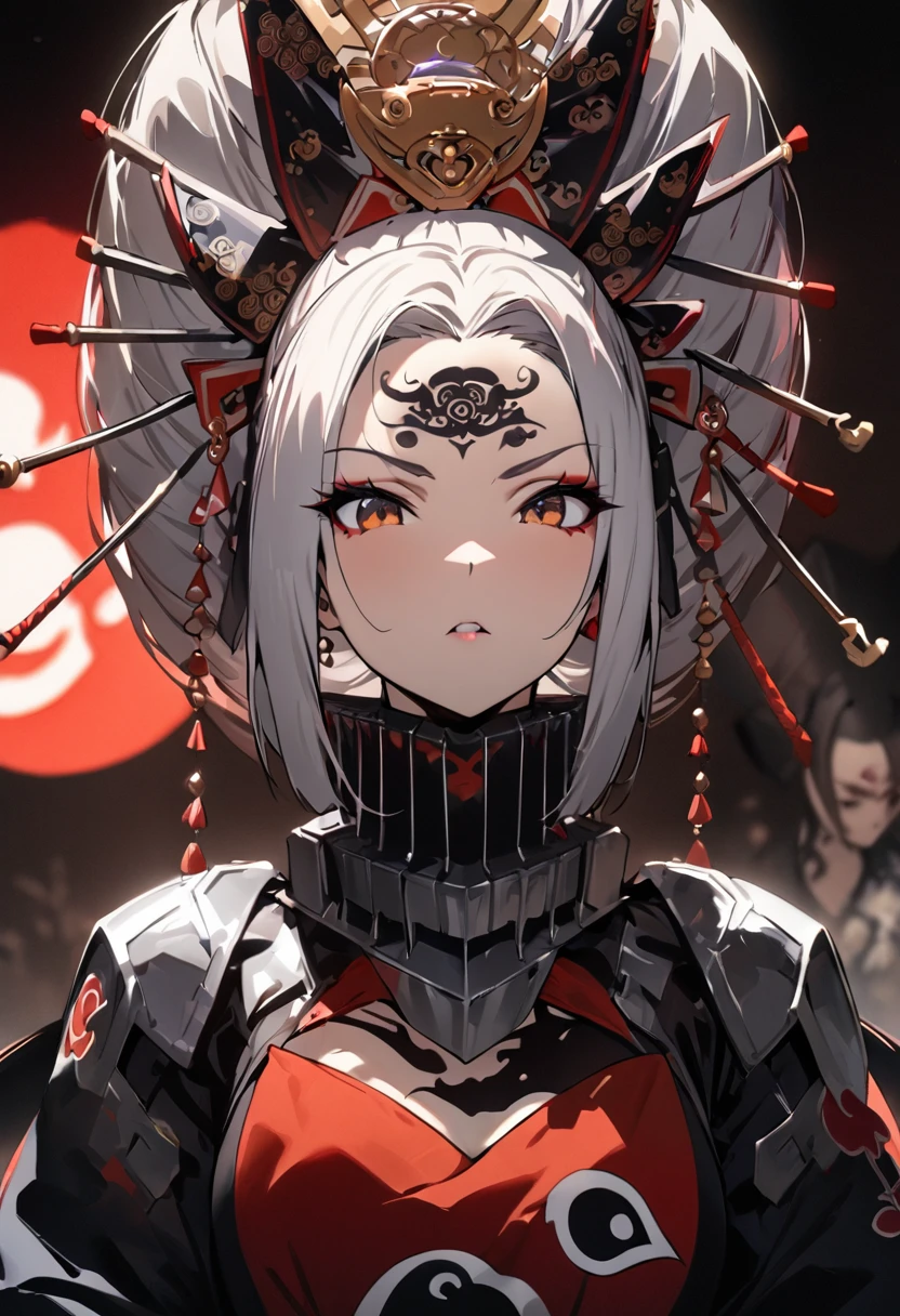 Ink painting, (((1 girl))), (((Tattoo in the middle of the forehead))),(((In the background is the Akatsuki moon))), (((Oiran))), (((Great hair accessories))), Demon possession, ((Masterpiece:1.2)), ((Highest quality)), (((Upper body covered))), close up, 1 woman ,the human, Silver hair, Upper body cyber armor, helmet , Neon Ritual Science Fiction Peter Elson Jean Giraud Dramatic Lighting (Masterpiece, Best quality), 
