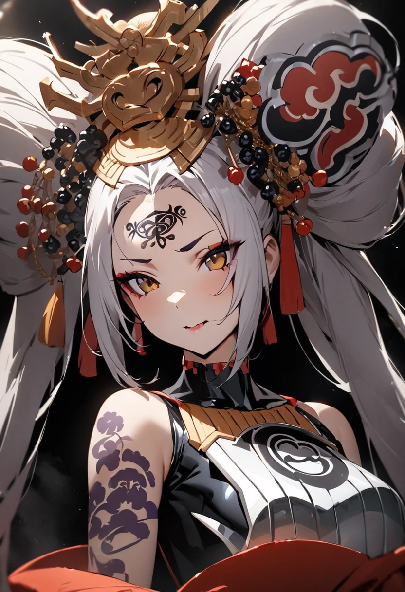 Ink painting, (((1 girl))), (((Tattoo in the middle of the forehead))),(((In the background is the Akatsuki moon))), (((Oiran))), (((Great hair accessories))), Demon possession, ((Masterpiece:1.2)), ((Highest quality)), (((Upper body covered))), close up, 1 woman ,the human, Silver hair, Upper body cyber armor, helmet , Neon Ritual Science Fiction Peter Elson Jean Giraud Dramatic Lighting (Masterpiece, Best quality),