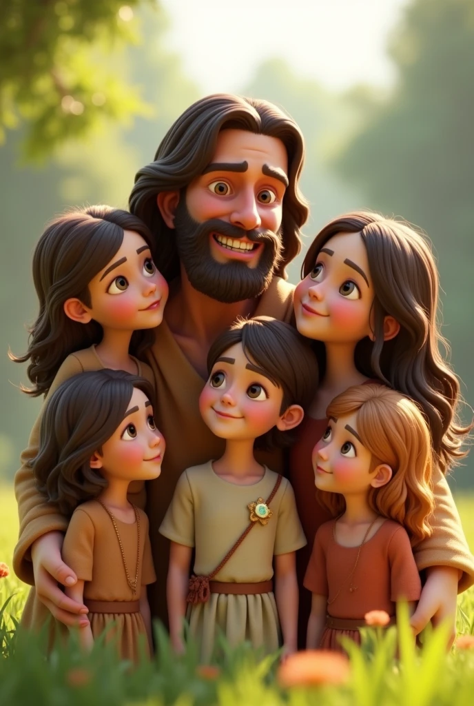 Tender image of Jesus with four daughters and a son, Pixar 3D type image