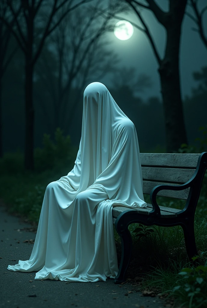 create the image of a classic ghost covered with a sheet sitting on a bench in a park at night