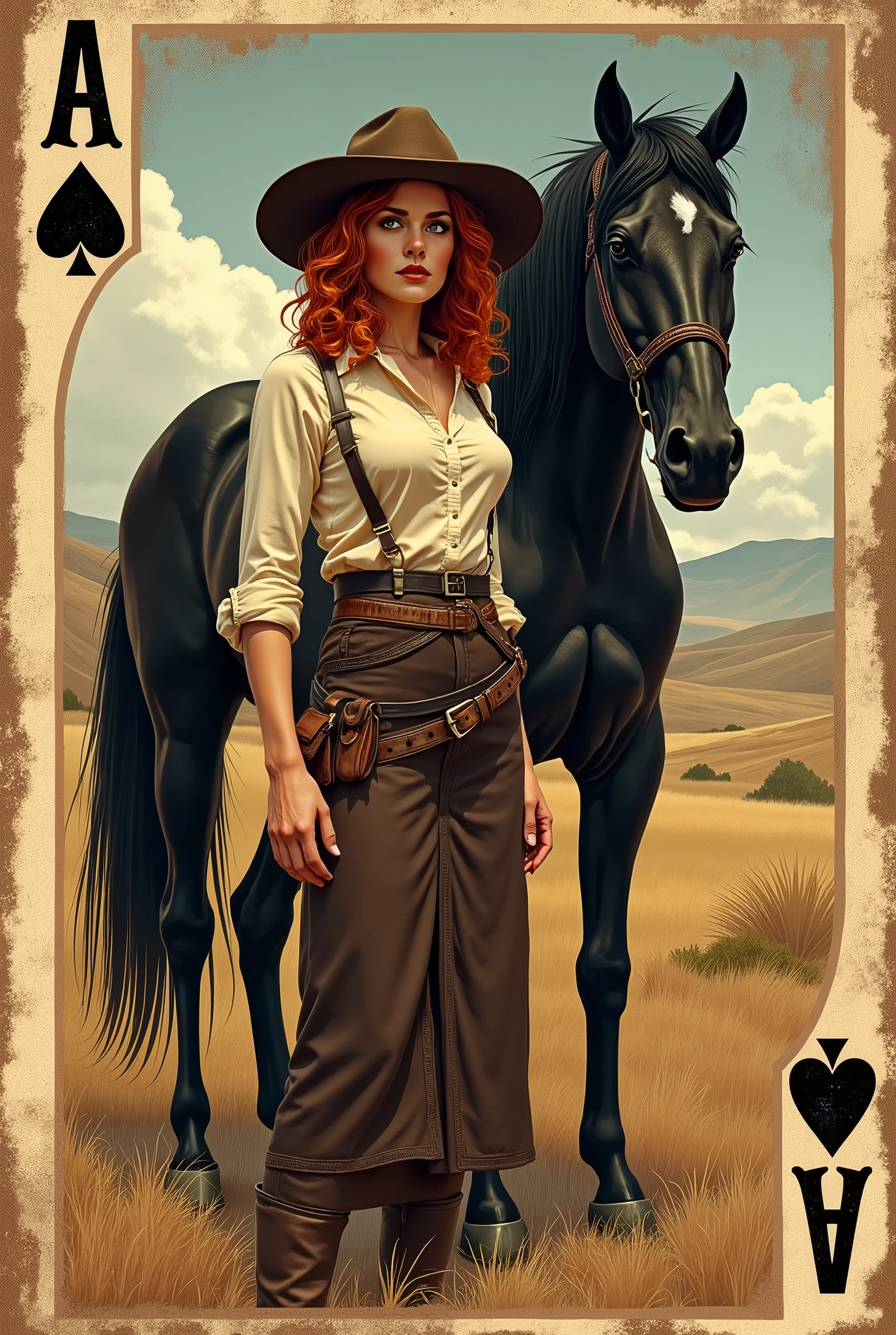 vintage western themed playing card with a redheaded woman and a black horse
