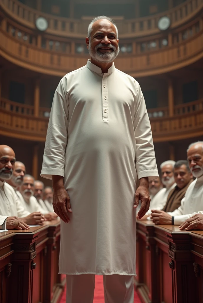 A political cirminal leader smiling face who wear white kurta in standing position in parlement and other opposition leaders sitting in parlement blaming this political cirminal leader