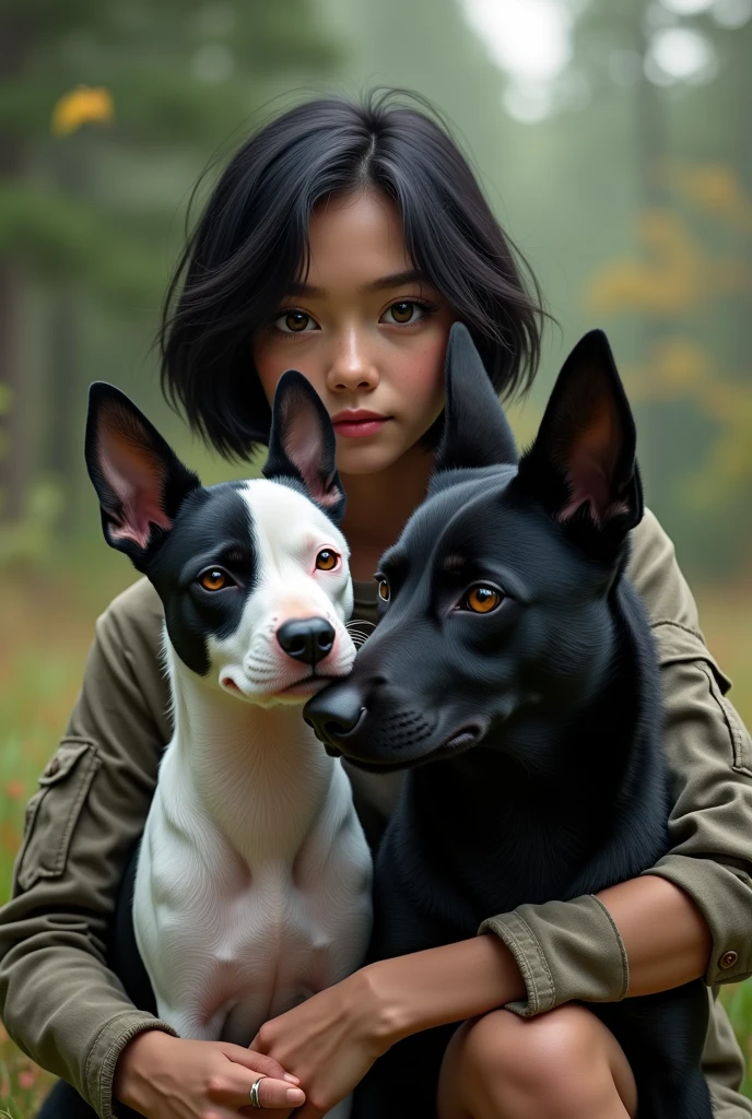 Young American woman short straight black hair with 2 dogs, an English bull terrier with a white triangular skull and a black ear and a totally black calupoh wolfdog