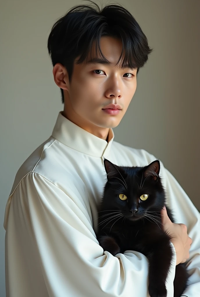 Create a realistic photo of a charismatic, cute, innocent looking and pretty boy at the age of 23 filipino-korean seminarian in white sonata holding a black cat. I will use it as a cover in my novel about a boys love story of a seminarian and vampire.
