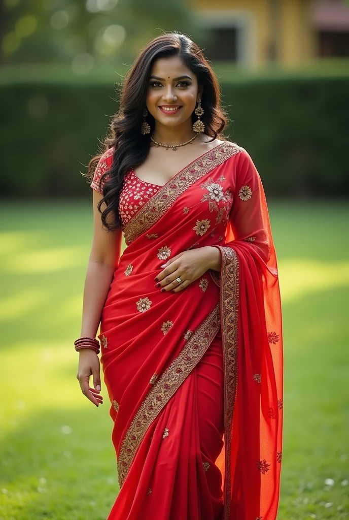 Fit Indian Wife with a huge round and long cleavage line visible in a folded net saree, Embroidered Red floral saree, HDR, 8k, hyperdetailed, best quality, ultra-high resolution, HDR, curved body, 8k, walking on the lawn , look at viewer, having perfect breasts, ( perfect anatomy with pear shape body type), wavy hair, Bright smile