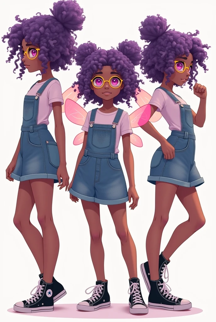 A girl with dark skin, pink eyes, Purple curly hair, wearing a denim skirt jumpsuit and black all stars, with round yellow glasses and transparent fairy wings, anime vtuber style with various poses