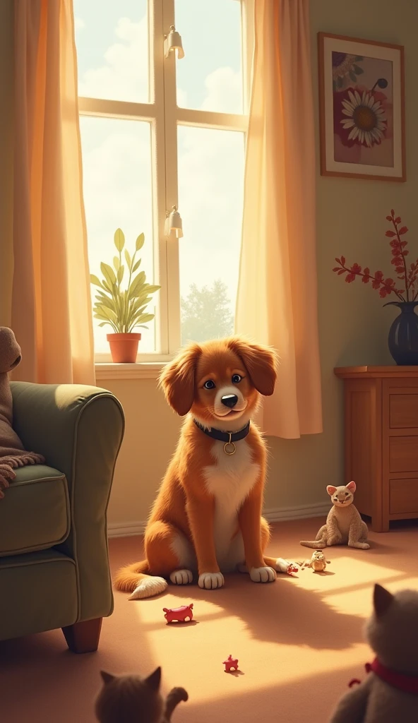 "A cute dog or cat sitting alone in a cozy living room, looking a bit lonely and curious. The room is well-lit with warm tones, and some toys are scattered around."