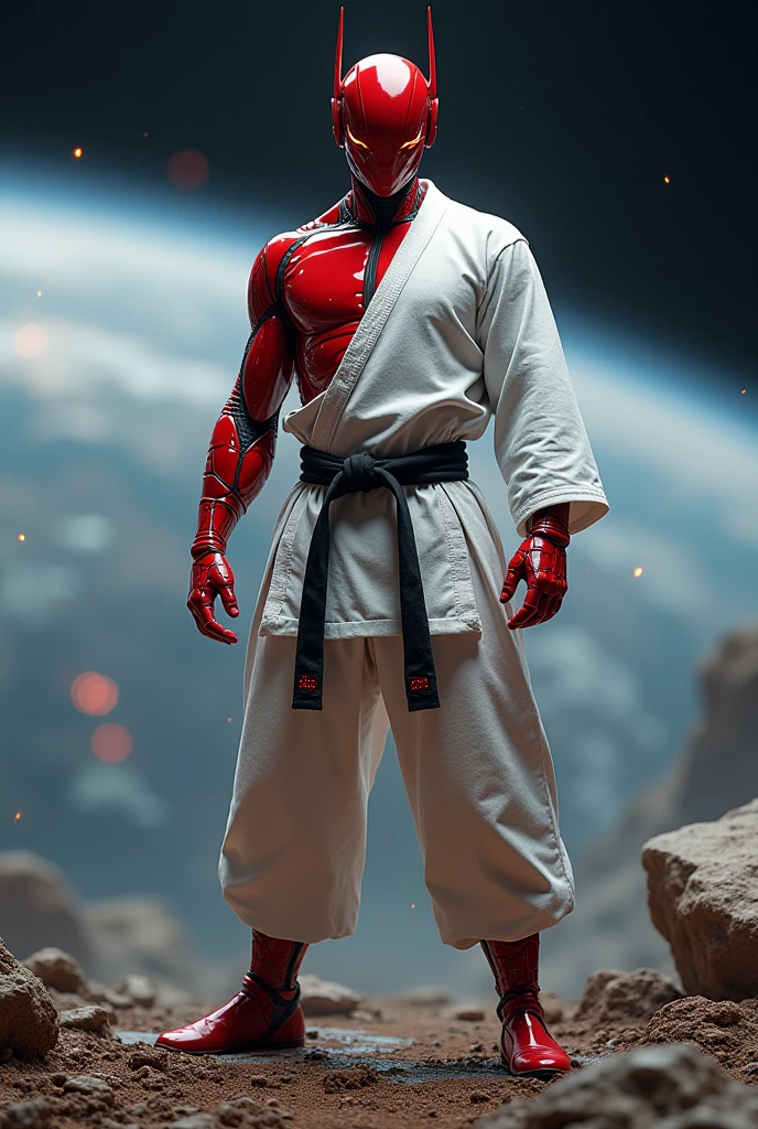 red ant, atomica, jiu jitsu, super heroi,  stark, wearing helmet , wearing a white jiu jitsu kimono, long arm sleeve,  wearing long white pants, black waist belt,  with both hands on his waist,  pose de heroi, it's not human, planet earth as background, realisitic, fully body
