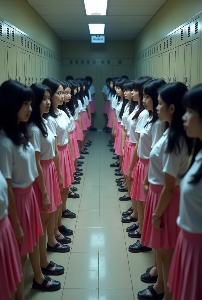 3,000 realistic Asian girls in pink skirts stand in a row on a narrow school corridor