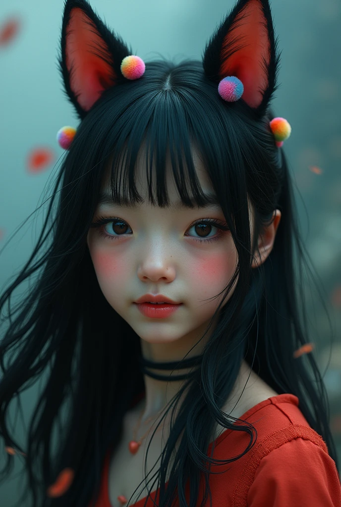 black hair, hair bobbles, wince, longeyelashes, solid circle eyes, fake animal ears, light smile, ear blush, fang, ccurate, Surrealism, drop shadow, anaglyph, stereogram, tachi-e, pov, atmospheric perspective, 8k, super detail, best quality