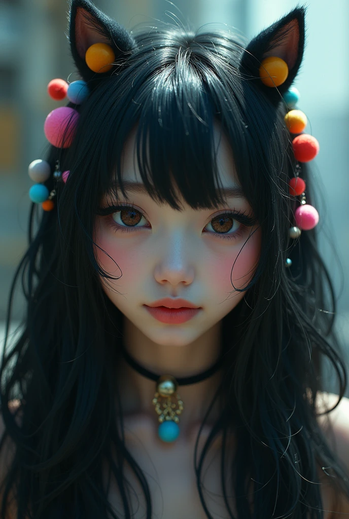 black hair, hair bobbles, wince, longeyelashes, solid circle eyes, fake animal ears, light smile, ear blush, fang, ccurate, Surrealism, drop shadow, anaglyph, stereogram, tachi-e, pov, atmospheric perspective, 8k, super detail, best quality