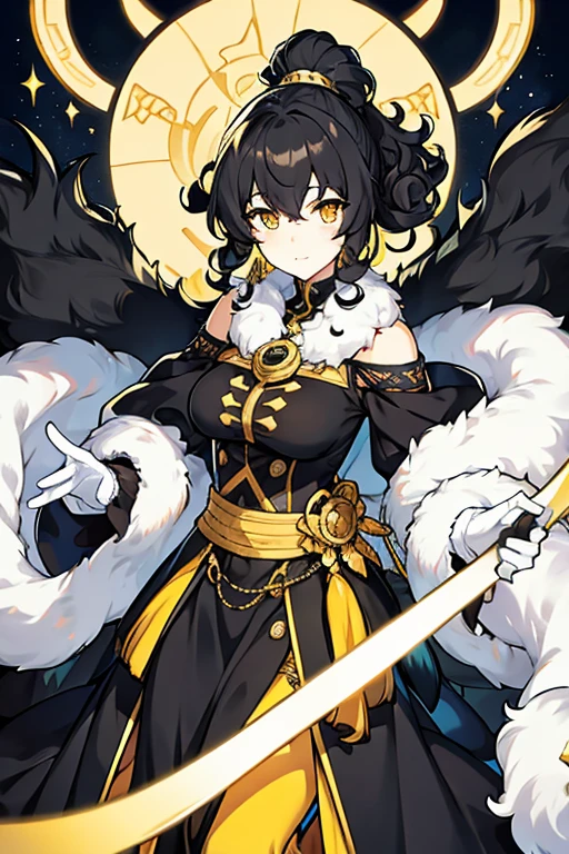 tall woman, curly hair in a black ponytail, yellow eyes, a fur stole, white gloves, actress
