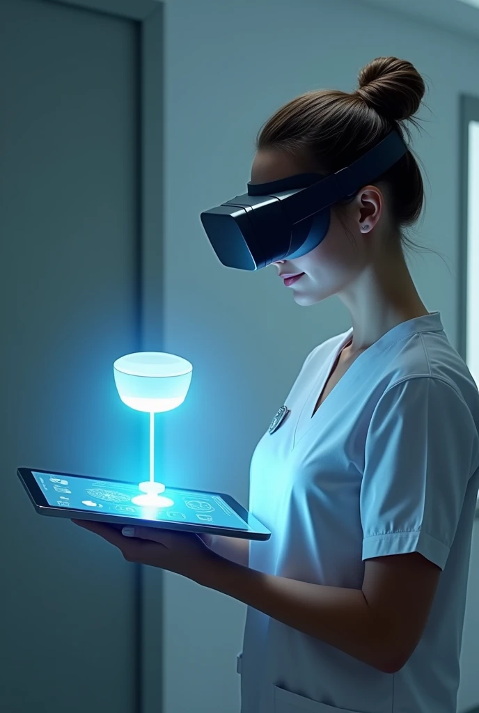 Realistic image of a tablet with a hologram of a nursing cap and lamp emerging from it. The nurse must wear a modern cap and a bun as her hairstyle.. To this same image, add virtual reality glasses to the nurse.