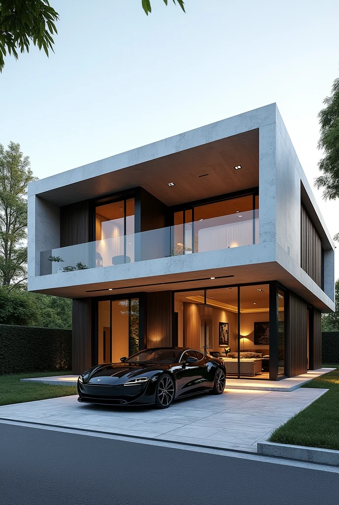 
‏a modern villa , exterior view , a car is parked in front of a modern villa, realestic architecture , concept house    , high quality rendering , luxury architecture , realistic physical rendering , modern minimalist house , ,
