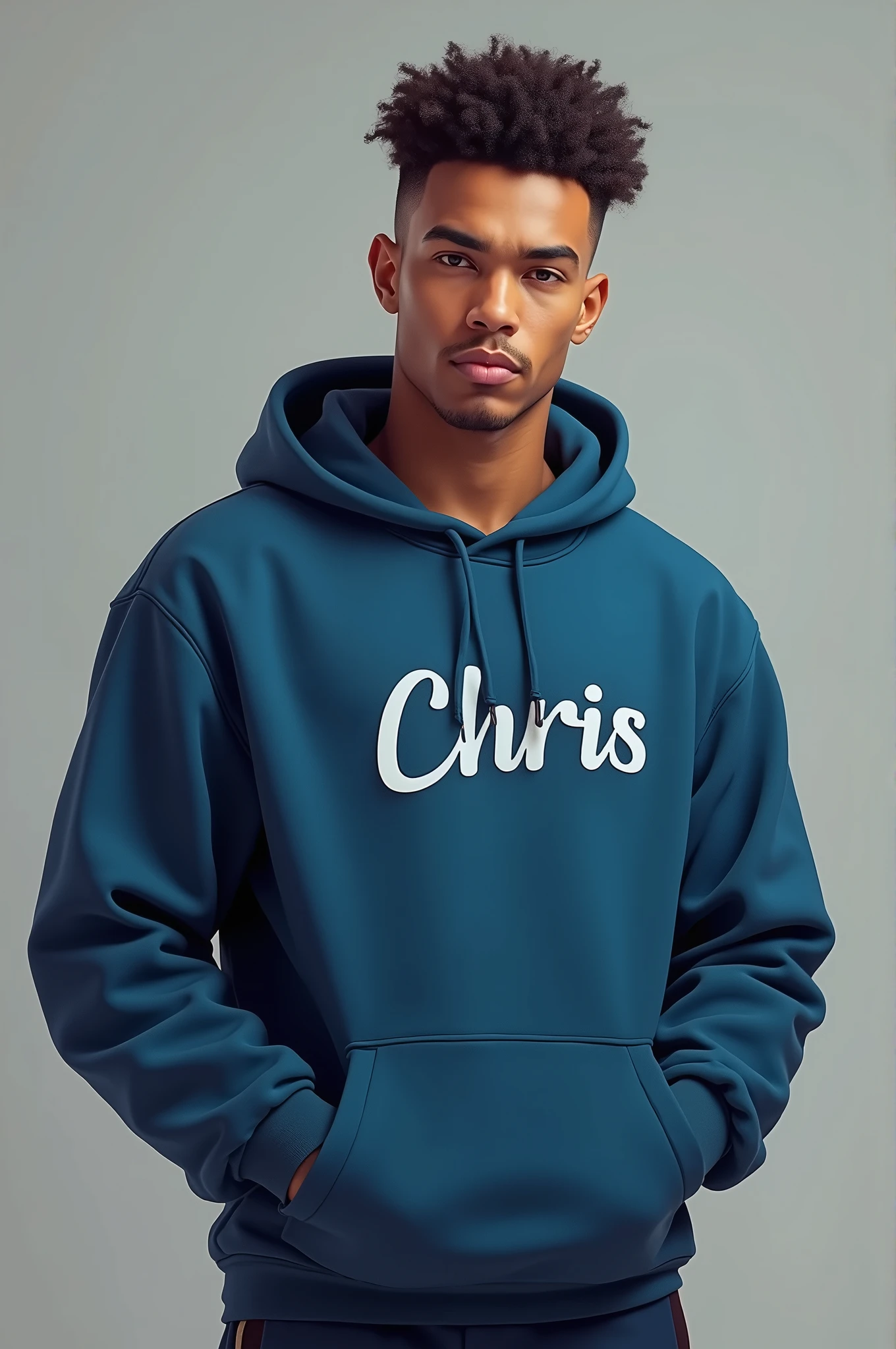 a handsome goodlooking sexy man wearing a blue hoodie,hands in his trouser pocket,curly buzz cut hair style,light brown skin, smiling seductively,head tilted right,biting his lips,name chris on the hoodie