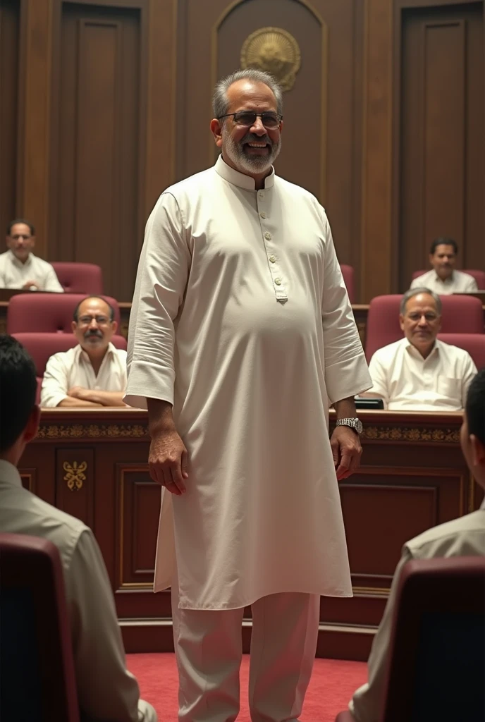 A political cirminal leader smiling face who wear white kurta in standing position in parlement and other opposition leaders sitting in parlement blaming this political cirminal leader 
