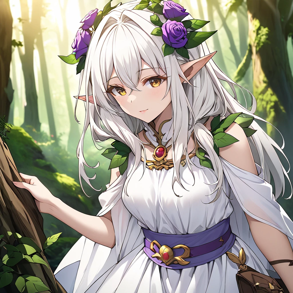 One girl, Forest Princess \(Goblin Slayer!\), Goblin Slayer!,  elf, white hair, yallow eye, hair flower, purple rose, white dress, Purple Belt、 Elf Forest break Perfect lighting, (perfect hand, perfect anatomy), Precise depiction、Vibrant colors