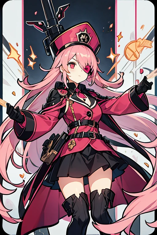 women, pink hair, with an eye patch, Red eyes, leather gloves, black dress,pink and white, Long black boots, with a cannon, with black commander hat