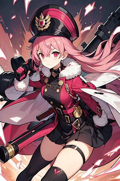 women, pink hair, with an eye patch, Red eyes, leather gloves, black dress,pink and white, Long black boots, with a cannon, with black commander hat