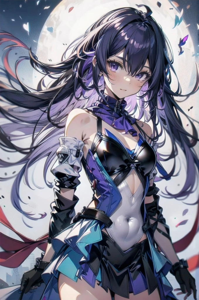 ((full body)),Ciel, One person, alone, Purple eyes, Purple Hair, Long Hair, View your viewers, bangs, dress, chest, Hair between the eyes, purple dress, purple skirt, White Background, Cowboy Shot, Mouth closed, skirt, Removable sleeves, leotard, dress, Exposing shoulders,scarf ,  Fulfillment of the soul, masterpiece,Highest quality,8k,Official Art,Cinematic Light,Ultra-high resolution,