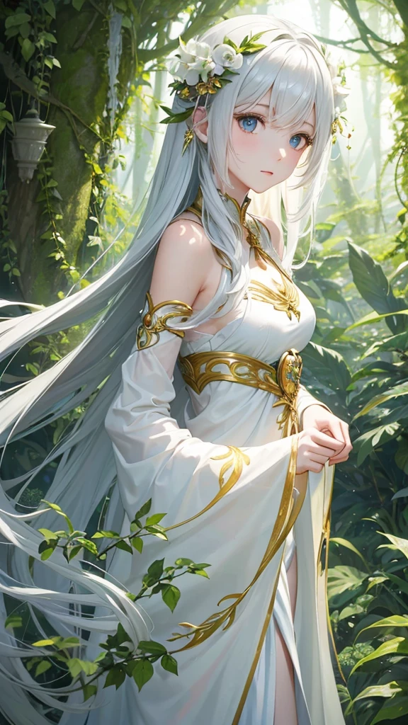 "Create a digital anime style illustration of a beautiful forest goddess。, Flowing white hair. She should wear a fine white dress decorated with leaf and flower patterns., Perfect for a fantasy theme. The design should expose less skin, Especially around the chest and shoulders, Use additional fabric or natural elements such as leaves and vines to cover. Characters should have an elegant and mature appearance, Look Around 2, With expressive eyes and a calm expression. The background is rich, A mysterious forest woven with soft light and shining plants, Enhance the mystical atmosphere."