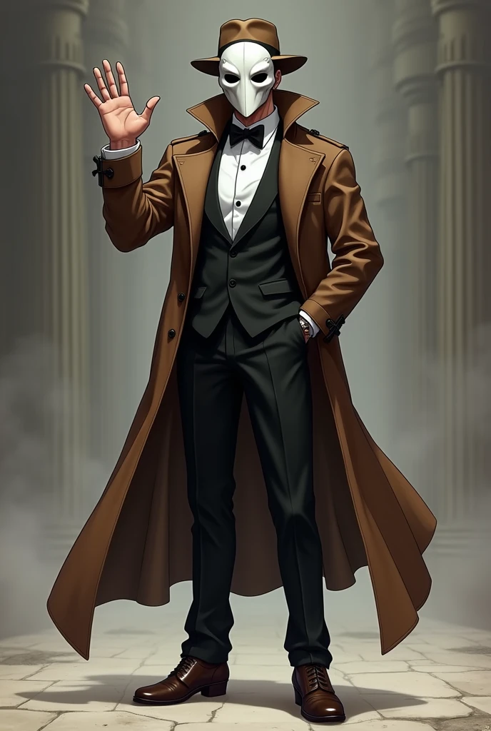 anime man in tuxedo, a brown trench coat that reaches to the knees with black details, rustic boots, a cloth fedora hat and a plague doctor mask, the mask is white and looks intimidating, that he is a little muscular but not overly so, waving with one hand in a friendly manner