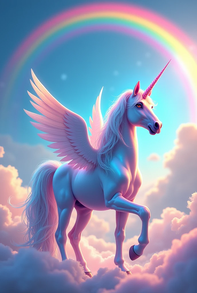 Beautiful unicorn with a rainbow in the sky and wings