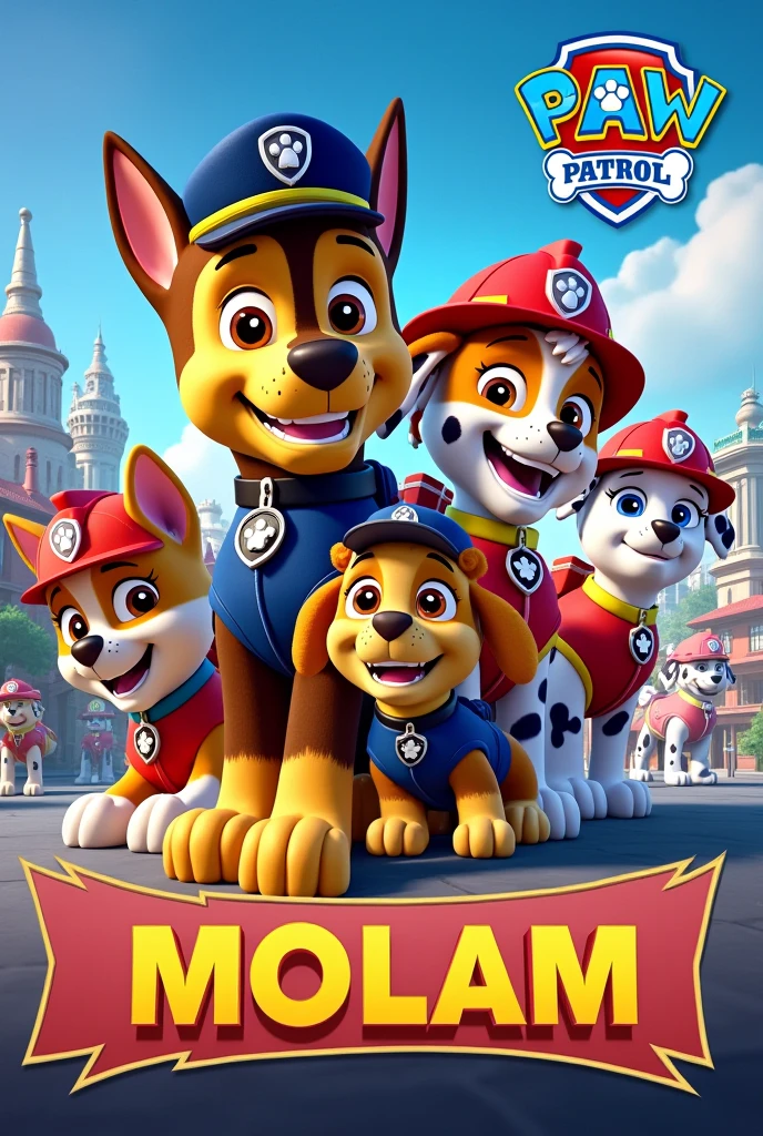 Create a paw patrol image with the name LOGAN and put it on different sides of the image, "Andrew", "failures", "Molina", Make it a picture with all the dogs from the cartoon and put LOGAN in big letters and the other names in small letters in different places.