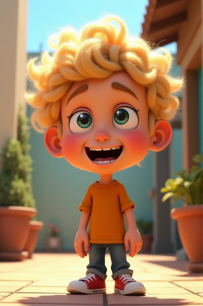 Create a character for YouTube videos, male, animated, with blonde curly hair, with differents mood faces, like happy, sad, exhausted