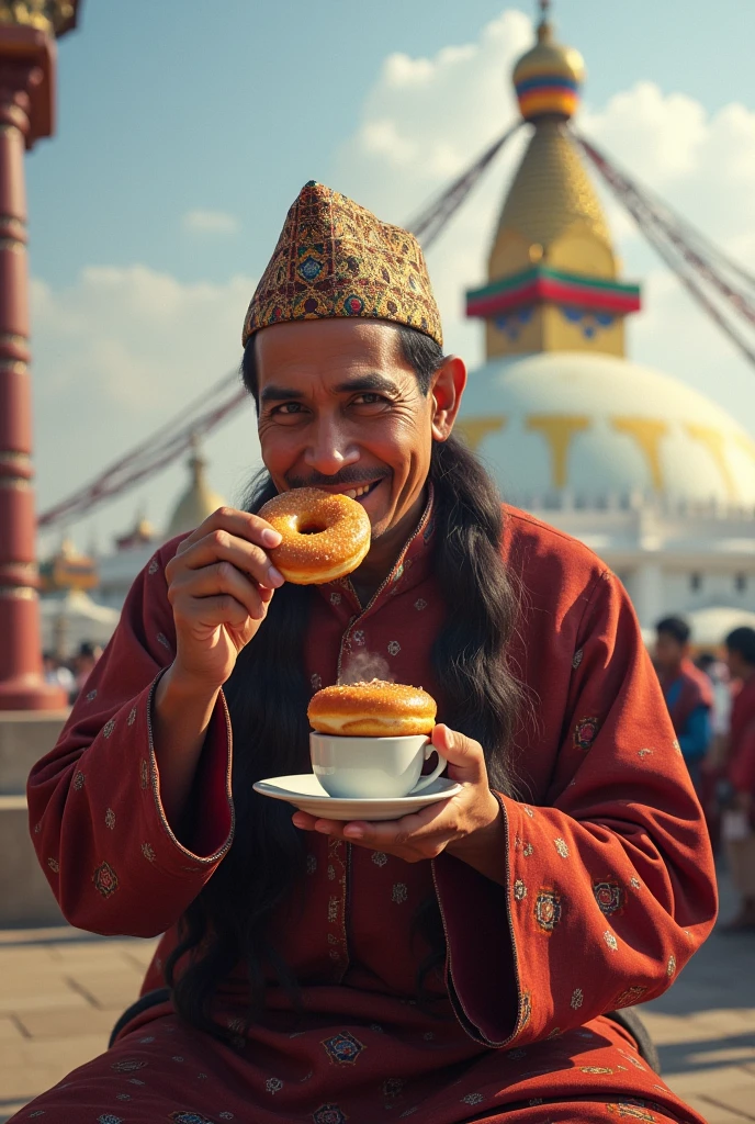 Will please create a photo a Nepali legend singer Narayan Gopal wearing daura sural Dhaka topi and eating donut with matka chiya with beautiful boudha stupa background