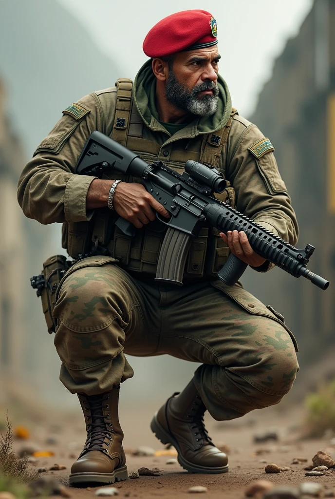 Create a detailed image of a Brazilian Army paratrooper soldier. The soldier must be wearing a red beret and a Brazilian camouflage uniform. , with brown boots. He must be positioned in a dynamic pose, perhaps with a background that suggests a military environment with a written phrase " 36th Paratrooper Army Police Platoon"