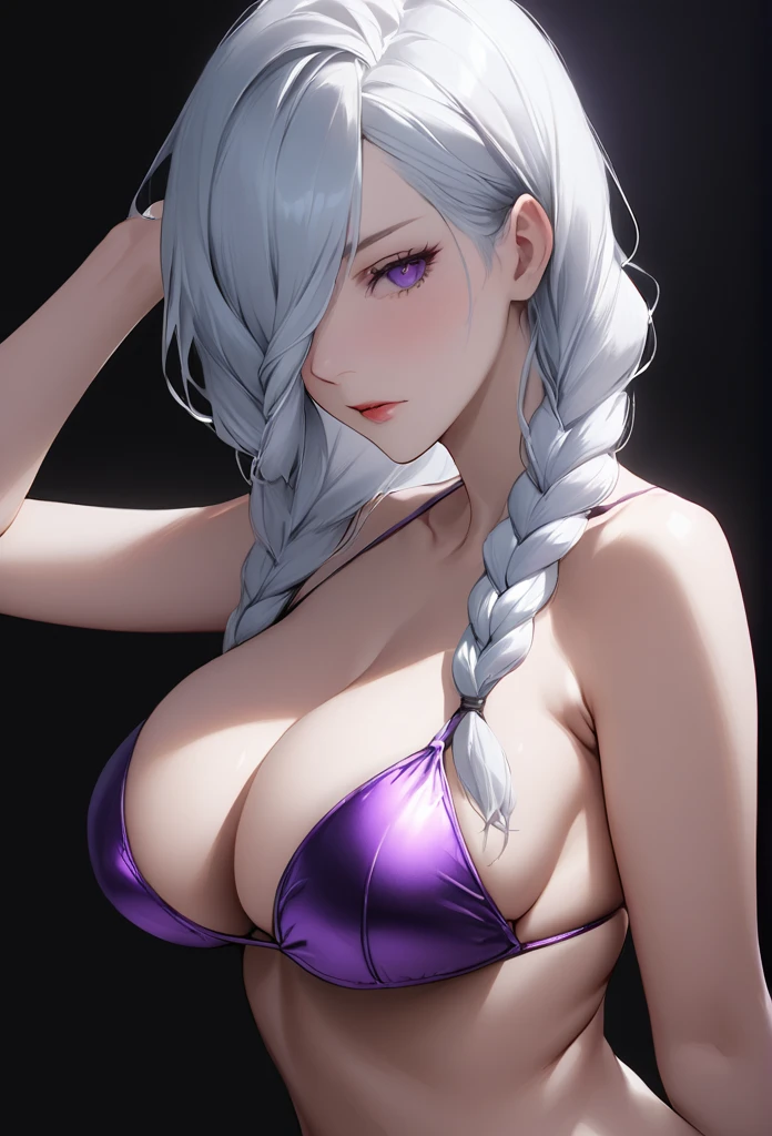 mei mei, long hair, very long white hair, braid, hair over one eye, braided ponytail, ((front braided bangs covering one eye)), purple eyes, purple metallic bikini, pinup style, sexy, submissive, minimalist, ((realistic)), lonely, monochromatic color palette, soft lighting, ((submissive)), large breasts, thin, ((solid black background)), ((looking at viewer)),