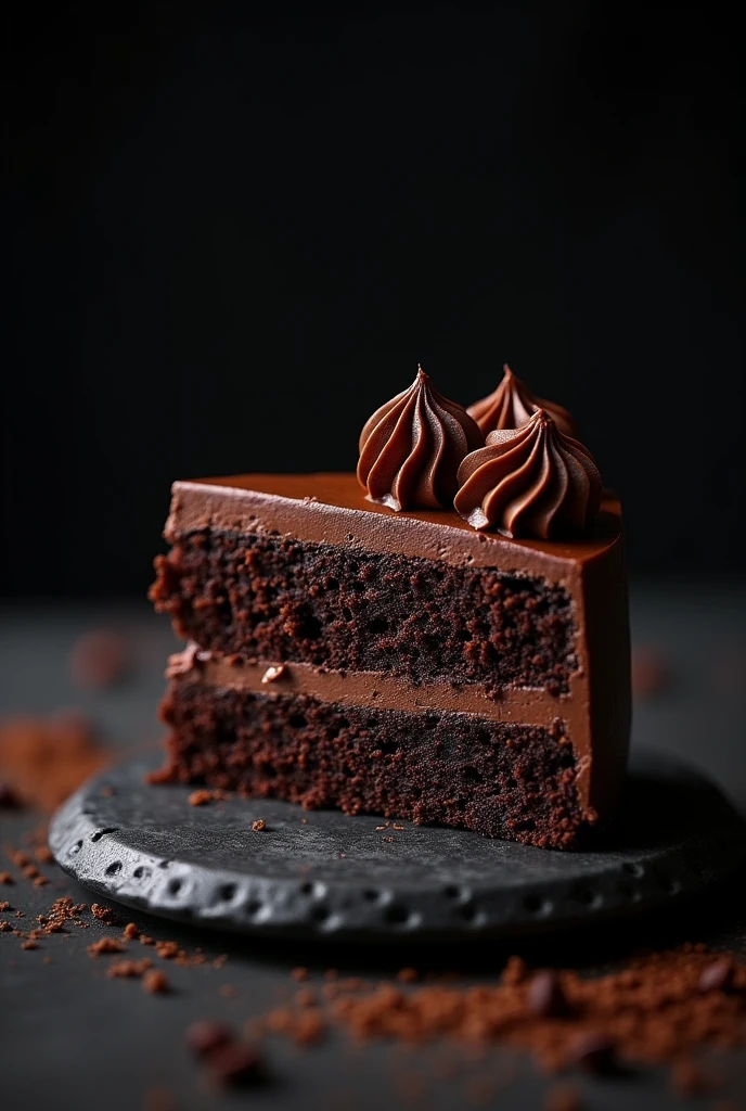 cinematic film still chocolate, chocolate cake, dark background, quality photo, moist texture, frosting, studio photo, slice . shallow depth of field, vignette, highly detailed, high budget, bokeh, cinemascope, moody, epic, gorgeous, film grain, grainy