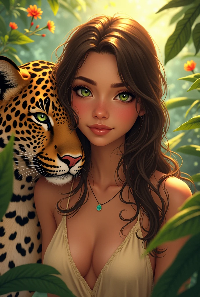 A Brazilian woman in anime style, brunette skin, greeneyes, Linda, Formosa,  in a lush tropical forest, wearing a low-cut shirt, transparentes, with a close-up capturing the harmonious beauty between her breasts and the natural flowers, showing off your natural charm and outgoing personality, hair shining in the sunlight, at his side a large jaguar as his pet, shiny fur animal 