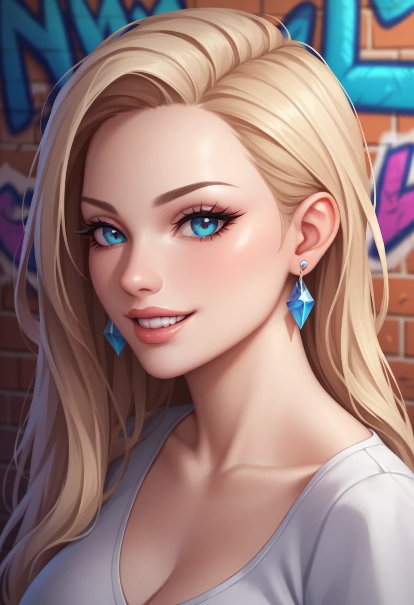 masterpiece, highest quality, highly detailed, beautiful, best quality ///1 woman, Looking at the viewer, hair color is over 4 colors, tooth, different eye color, Graffiti, earrings ///