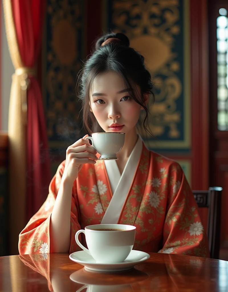 close-up of a woman, sitting at a table with a cup of coffee, palace, Girl from Hanfu, young woman in the image of Genghis Khan, beautiful oriental woman, Chinese woman, Chinese, Chinese princess, an Asian woman, a young Asian woman, ancient Chinese princess, Asian woman, wearing ancient Chinese clothing, traditional beauty, young asian girl