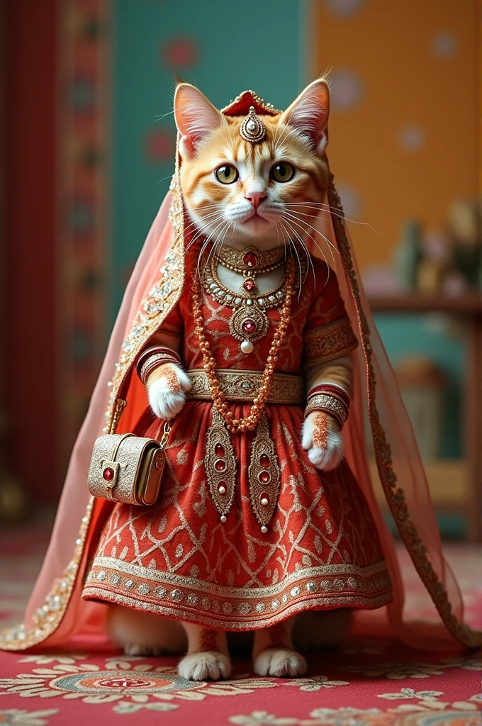 Real cat chhoti si small Dulhan ke liwaj mein pure bridal pahne hue jutiyan pahne hue hath mein bag leve background badhiya sa image