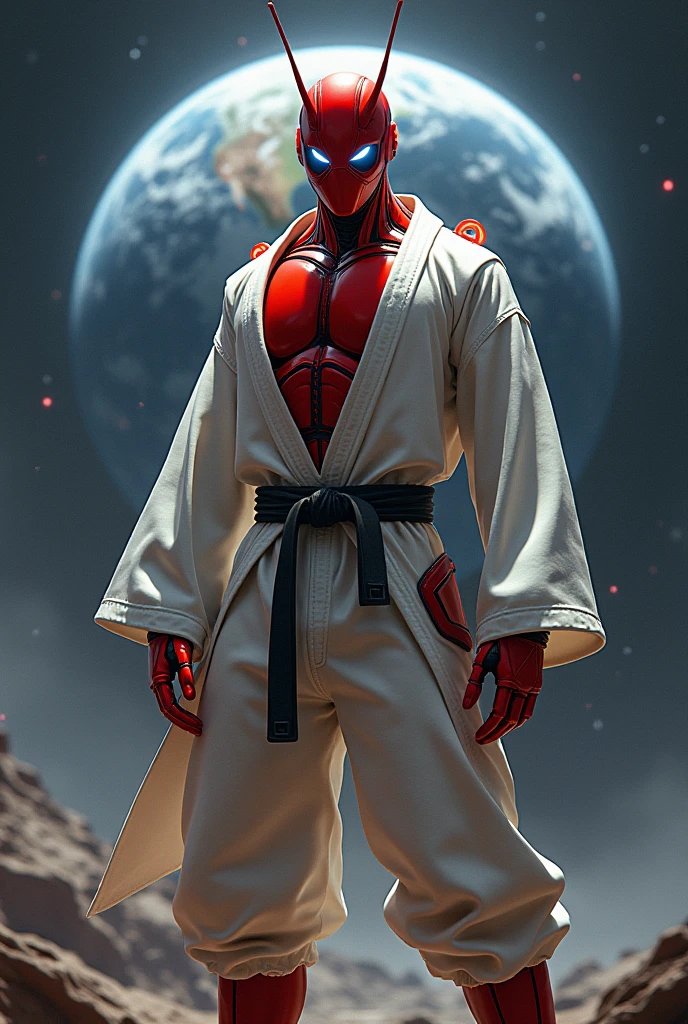 red ant, atomica, jiu jitsu, super heroi, stark, wearing helmet , wearing a white jiu jitsu kimono, long arm sleeve, wearing long white pants, black waist belt, with both hands on his waist, pose de heroi, it's not human, planet earth as background, realisitic, fully body